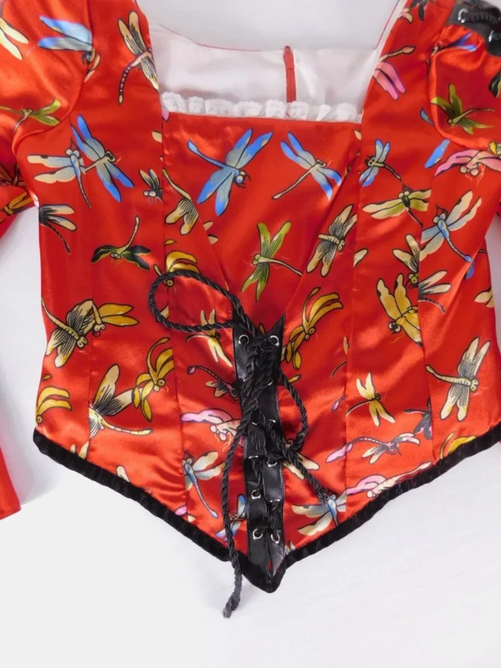Handmade Blouse Girls 8 Red Dragonfly Print Satin Lace Up Bell Sleeve Cropped